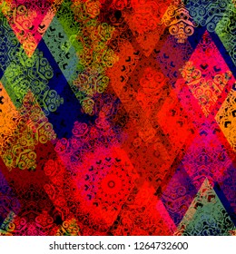 Bright decorative pattern with rhombus and mandalas. Seamless texture. Abstract vector background for web page, banners backdrop, fabric, home decor, wrapping