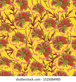 Bright, decorative poppies. Background with a flowering meadow. Endless, seamless floral pattern.
Design for textile, fabric, paper, prints, packaging. vector graphic illustration.