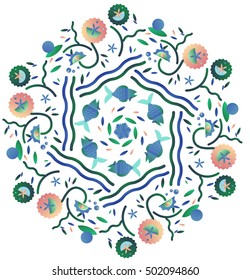 Bright decorative rosette with blue flowers, colorful leaves, fish