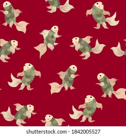 Bright decorative seamless  pattern with  fairy fish on the red background. Sea life magic background for dresses,textiles, wallpapers, designer paper, etc