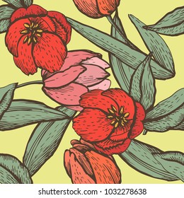 Bright decorative spring seamless with tulips