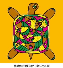 Bright decorative turtle with ornament on an orange background. Vector illustration