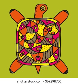 Bright decorative turtle with ornament in warm colors on a green background. Vector illustration