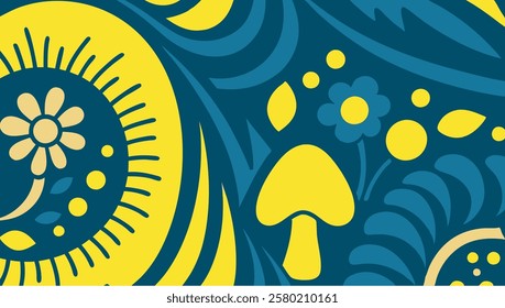 Bright, decorative vector background showcases swirling floral patterns and mushrooms in contrasting blue and yellow colors, creating a lively and engaging visual