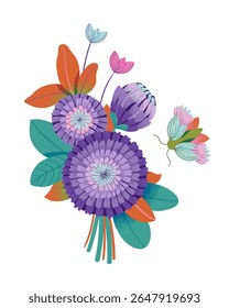 Bright and decorative vector illustration of blooming clover flowers with stylized butterfly. Flat and modern botanical style on white background.