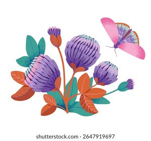 Bright and decorative vector illustration of blooming clover flowers with stylized butterfly. The floral composition ideal for print, textile, and surface design