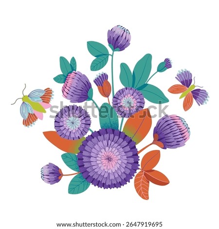 Bright and decorative vector illustration of blooming clover flowers with two stylized butterflies. Flat and modern botanical style on white background.