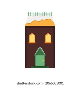 Bright decorative winter house in snow. Merry festive decorations for new year and Christmas. Winter and holidays element