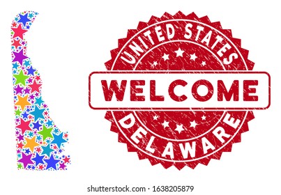 Bright Delaware State map collage of stars, and distress round red WELCOME seal. Abstract territorial scheme in colorful color tones. Vector Delaware State map is designed of colorful stars.
