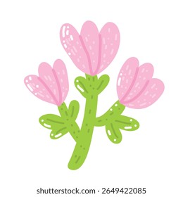Uma ilustração botânica brilhante e delicada com uma flor rosa florescente com três botões. Este design floral colorido evoca alegria de primavera e elegância natural, perfeito para decoração e impressão.