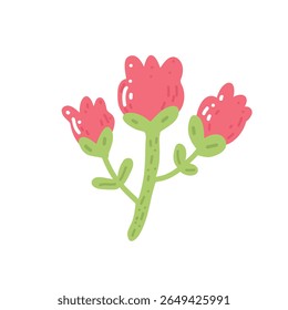 Uma ilustração botânica brilhante e delicada com uma flor vermelha florescente com três botões. Este design floral colorido evoca alegria de primavera e elegância natural, perfeito para decoração e impressão.