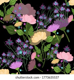bright delicate flowers on a black background seamless pattern