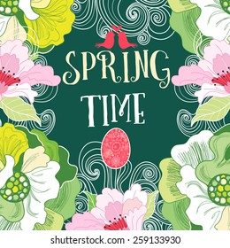 bright delicate spring background with flowers and birds