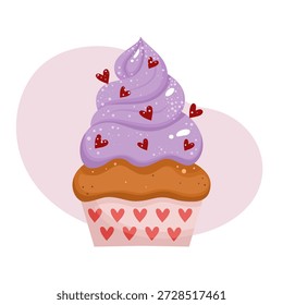 bright and delicious cupcake with delicate lilac cream, decorated with hearts. Cartoon style illustration of pastry.