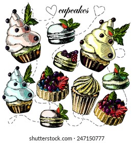 Bright and delicious pies, cupcakes and macaroon on a light background. Hand drawing, vector.