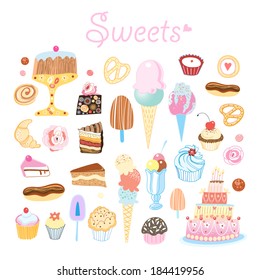 bright delicious set of different sweets on a white background 