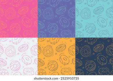 Bright and delicious: vector graphic poster with hand-drawn donuts on a colored background. Perfect for interior design, culinary projects, packaging or advertising, creating a joyful and sweet mood