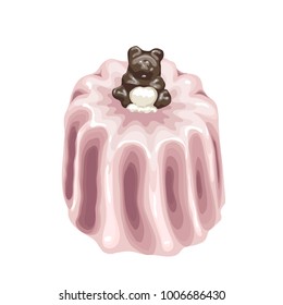 bright delicious vector illustration fragrant jelly cake with chocolate bear on top, pink, shiny and sweet iso isolated on white background