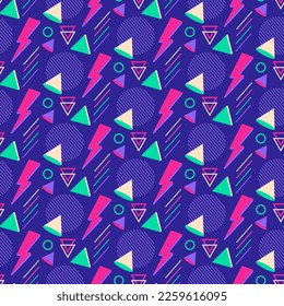 Bright design of the 90s in the style of Memphis. Seamless pattern. Geometric shapes - circles and lines, triangles and stripes, lightning. Vector on a colored background. For packaging, fabric and