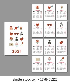 Bright design calendar 2021. Chinese New Year 2021. Monthly calendar 2021. Set of 12 months. Week starts on Monday. Editable calendar page template A4, A3. Vertical vector illustration. 