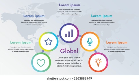 Bright design and colorful elements are placed on a gray background, creating an attractive presentation of data. This illustration can be used in business presentations and startups.