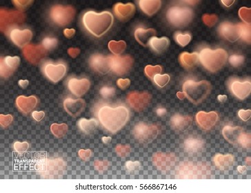 Bright design element for decoration holidays valentine's day. Abstract falling sparkling red hearts on transparent background. Realistic particle glitter effect.