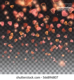 Bright design element for decoration holidays valentine's day. Abstract falling sparkling red hearts on transparent background. Realistic particle glitter effect.