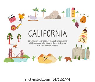 Bright design with famous places of California and place for text. Postes, leaflet, banner