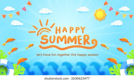 Bright design featuring Happy Summer text alongside sun, waves, tropical leaves, and festive elements. Perfect image to invoke feelings of joy, warmth, and summer vacation.
