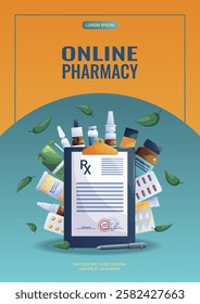 Bright design of a flyer for an online pharmacy, medicine. Medications, tablets, capsules, sprays, drops, prescription. Vector illustration in A4 format for posters, banners and advertisements.