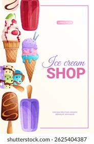 Bright design of the ice cream shop flyer. Different types of ice cream. The concept of summer, sweets, confectionery. A4 vector illustration for posters, banners and advertisements