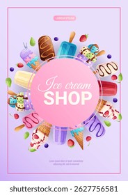 Bright design of the ice cream shop flyer. Different types of ice cream. The concept of summer, sweets, confectionery. A4 vector illustration for posters, banners and advertisements