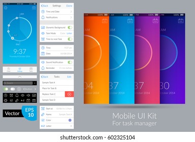 Bright design mobile ui kit for task manager flat vector illustration