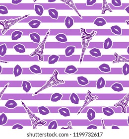 Bright design print fabric. Seamless pattern. Illustration purple ink Eiffel Tower and kiss lips. Abstract ornament hand drawing. Vector illustration is isolated on a purple striped