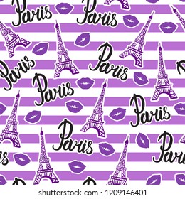 Bright design print fabric. Seamless pattern. Illustration purple ink Eiffel Tower and kiss lips. Abstract ornament hand drawing. Vector illustration is isolated on a purple striped