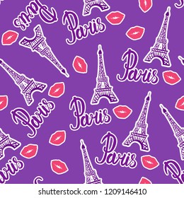 Bright design print fabric. Seamless pattern. Illustration purple ink Eiffel Tower and kiss lips. Abstract ornament with sticker hand drawing. Vector illustration is isolated on a purple background