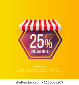 Bright design of tag in hexagon figure shape with promotion of special offer sales up to 25% on vivid yellow background