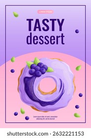 A bright design template for a delicious dessert flyer. Blueberry doughnut. The concept of confectionery, cooking, sweets. A4 vector illustration for posters, banners and advertisements