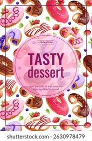 A bright design template for a flyer with a delicious dessert. Donuts with different flavors. The concept of confectionery, cooking, sweets. A4 vector illustration for posters, banners, advertisements