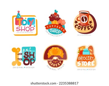 Bright Design for Toy, Cupcake, Coffee. Bakery, Pet and Grocery Shop Vector Set