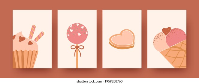 Bright dessert collection of contemporary art posters. Lollypop, cookie, muffin, ice cream in vector illustrations. Sweet food and confectionery concept for banners, website design or backgrounds