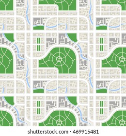 Bright detailed abstract map of the city with river and parks, seamless pattern