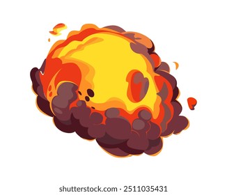 Una brillante y detallada explosión de una bola de fuego capturada en una Ilustración vectorial plana que muestra el intenso momento de impacto y caos.