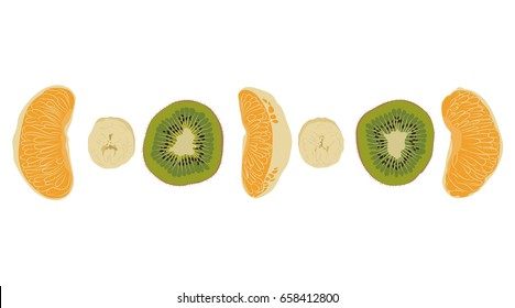 Bright detailed pieces of banana, orange, kiwi, laid out in a line