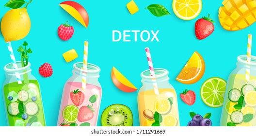 Bright Detox background with slice of fruits and berries. Healthy cocktails for hot season. Tropical backdrop for diet menu, cafe. Fresh smoothies with lime, strawberry,lemon, ice, cucumber.