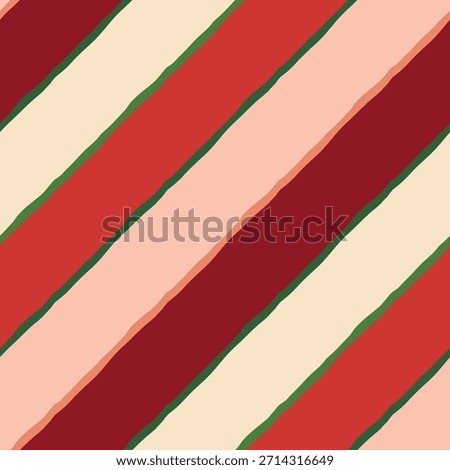 Bright diagonal striped vector seamless pattern. Modern red, green, thin and thick hand drawn stripes repeat design. Abstract holiday background. Festive geometric tile for fabrics, wrapping, media
