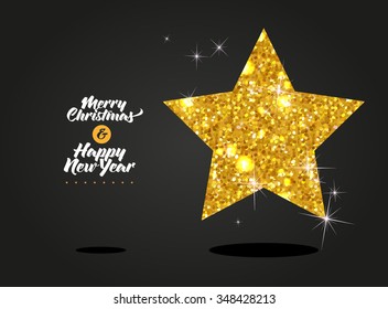 Bright diamond gold card for Merry Christmas and Happy New Year with shining star