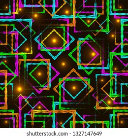 Bright diamonds and squares with highlights in the intersection on a brown background. Bright abstract pattern of geometric carved and fancy shapes.