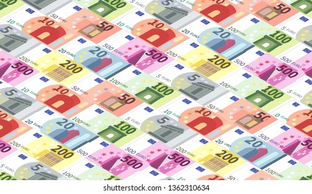 A lot of bright different euro banknotes in a rows, seamless pattern in isometric projection