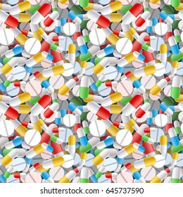 A lot of bright different pills and capsules, seamless pattern